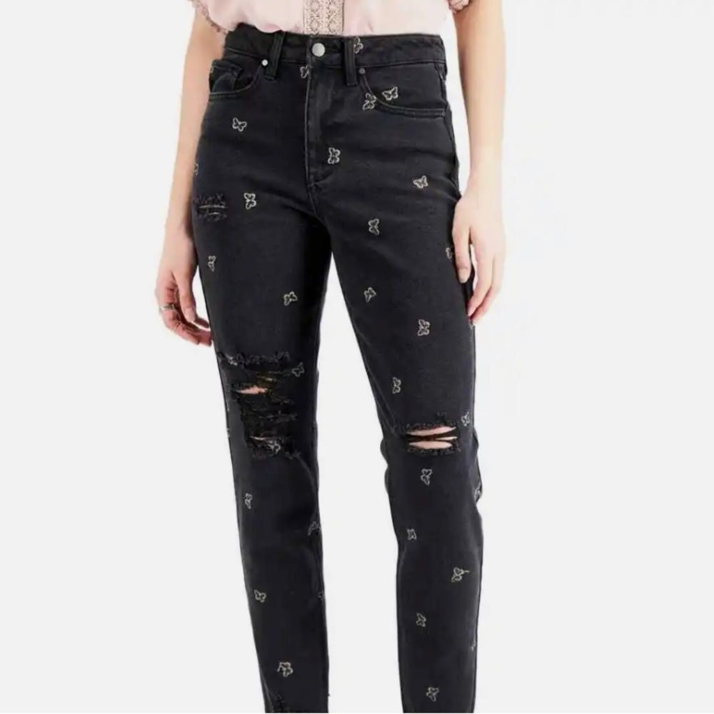 Tinseltown Juniors Deconstructed Butterfly Mom Jean Black sz 1